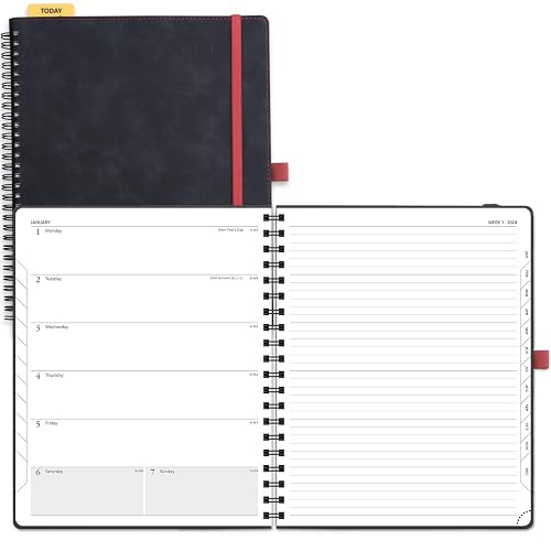 POPRUN 2024 Diary Large Week to View Spiral Bound 26.5 x 21.5 cm - Self-adhesive Pen Holder, Monthly Tabs, 100 gsm Paper, PU leather Soft Cover - 2024 Weekly Planner &amp; Notebook in One(Black)