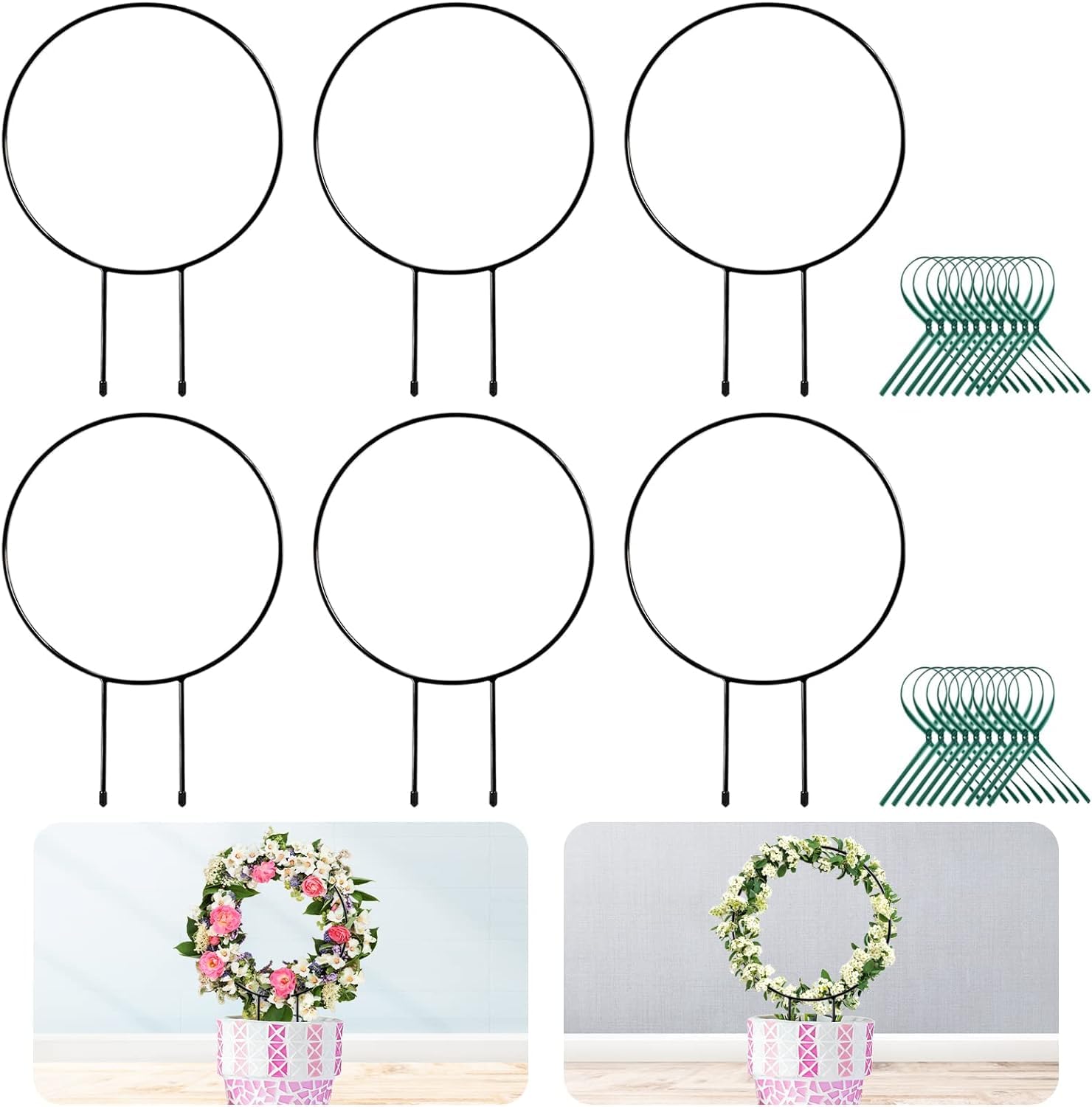 Black Metal Plant Trellis Climbing Plants Iron Vine Stem Support Wire Plants Climbing Holder Rack Potted Plants Flowers Indoor Garden Decor Vertical Gardening Plant Support (6 Circles)-image-34