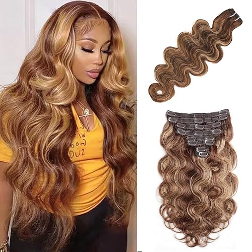 Extensiones de cabello humano real ondulado con clip, para mujeres negras, color castaño chocolate, con 18 clips, doble trama, 4.23 oz (26 pulgadas,