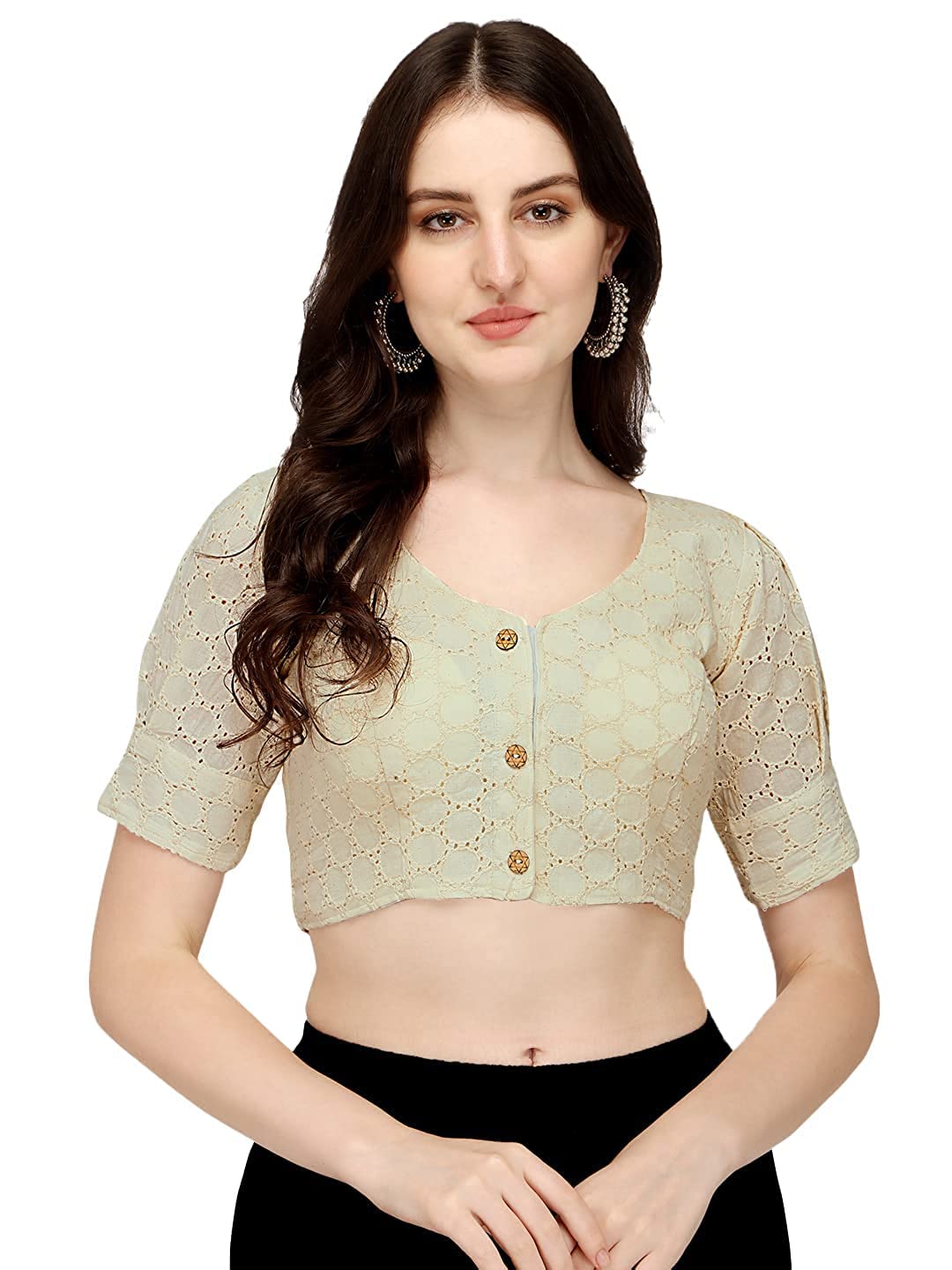Pujia Mills Women's Cotton Chikankari Embroidery Work Readymade Saree Blouse (32, Dusty White)