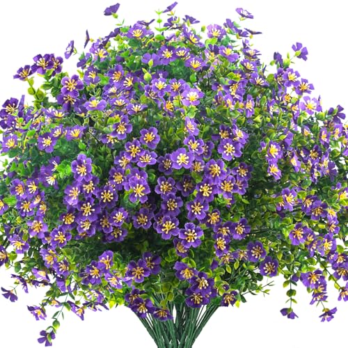 Grunyia Outdoor Artificial Flowers UV Resistant & Fade Proof, 12 Pack Realistic Fake Flowers for Garden, Patio, Lawn Decor - Weatherproof Plastic Plants (Purple)