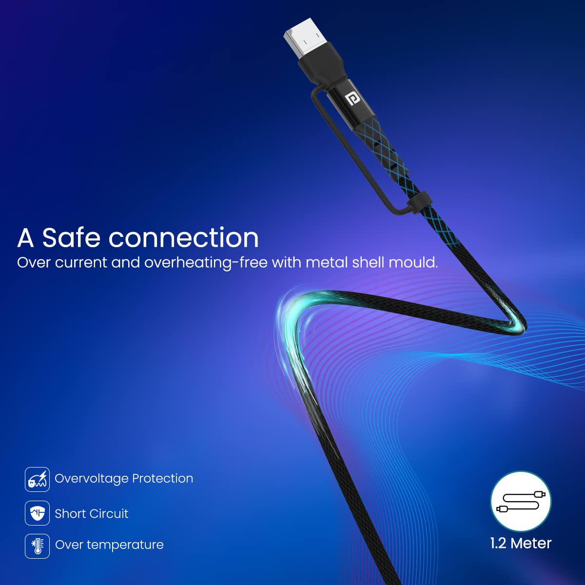 Portronics Konnect J8 3-in-1 (USB A + tipo C a 8 pin + tipo C) cavo di ricarica rapida con uscita massima 60 W, nylon intrecciato, per smartphone Android, dispositivi iOS e USB di tipo C, lunghezza
