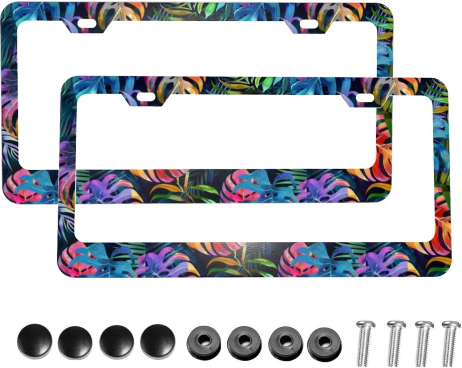 Tropical Palm Leaf Colorful Matte Aluminum License Plate Frame with Black Screw Caps，2pcs 2 Holes Black Licenses Plates Frames,Car Licenses Plate Covers Holders for Us Vehicles/Women/Men