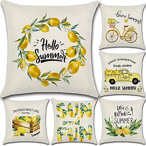 wtisan Summer Lemon Decor Pillow Covers 18X18 Set of 6,Farmhouse Outdoor Yellow Pillow Covers,Cushion Case for Summer