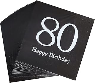 AAAMN 40pcs Black and Silver 80th Birthday Disposable Paper Napkins 80th Birthday Celebration Party Decoration Napkin