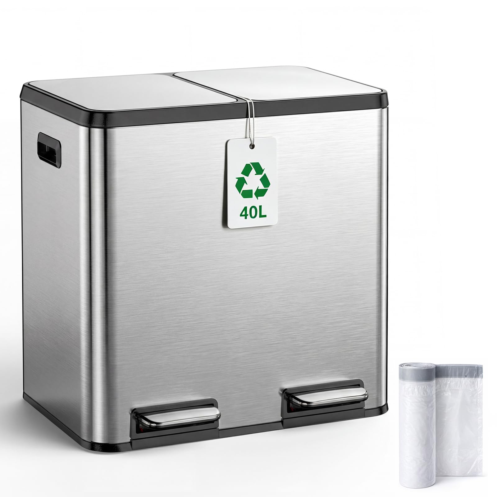 YEAUPE PRO Cubo de Basura Cocina 40L Doble 2x20L Acero Inoxidable, Pedal Soft Close, Cubetas Internas Extraíbles, Asas Laterales, Control de Olores, 15 Bolsas Incluidas