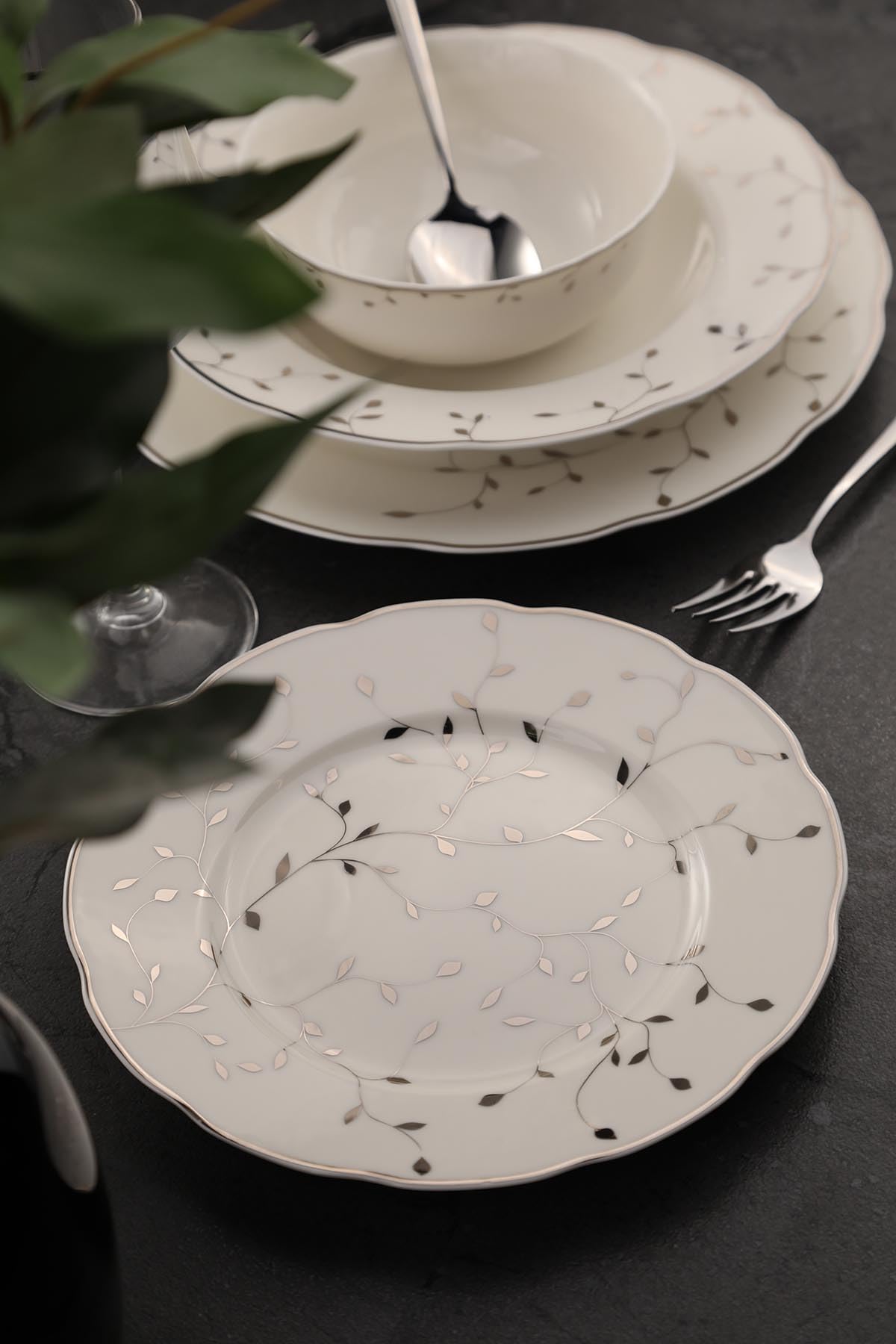 Kütahya Porselen Bone Olympos 56 Parça 12 Kişilik Yemek Takımı Leaves Silver