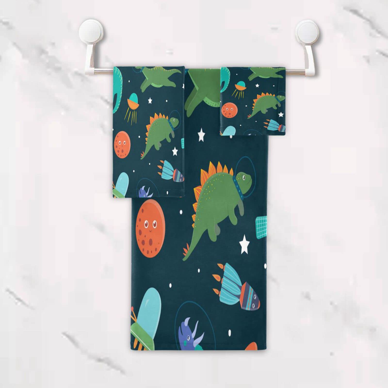 Dibujos Animados Dinosaurio Planeta Espacio Juego de Toallas Para Baño Playa 100% Algodón de Piscina Toalla (1 Toalla de Baño y 1 Toalla de Mano y 1 Paño de Lavado)Para Nadar Hotel Niñas Niños Niños