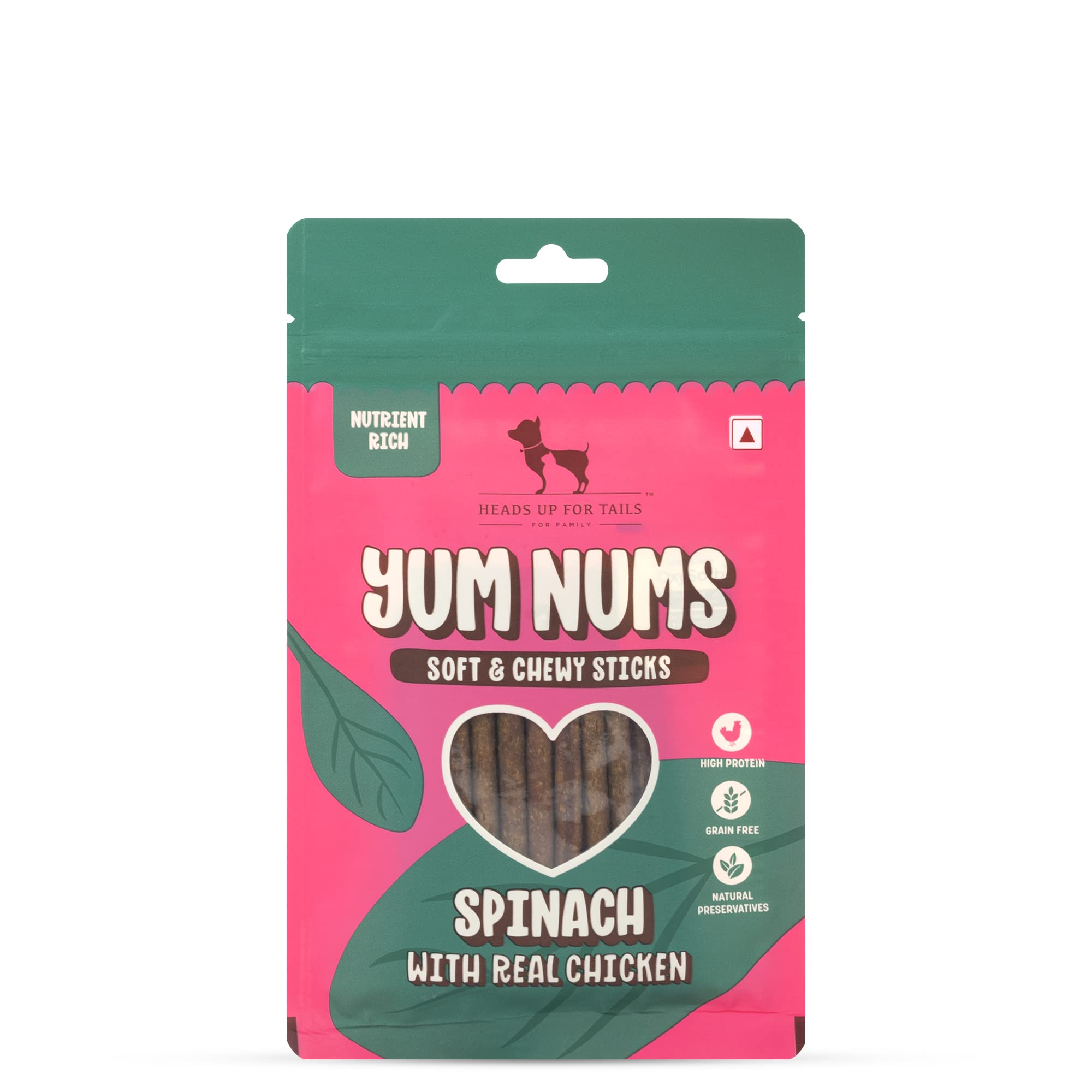 Yum Nums Soft & Chewy Sticks - Spinach with Real Chicken Dog Treats | Healthy Dog Snacks | Puppy Training Treats | Veg & Non-Veg Treats for Small & Adult Dogs - 75 Gm