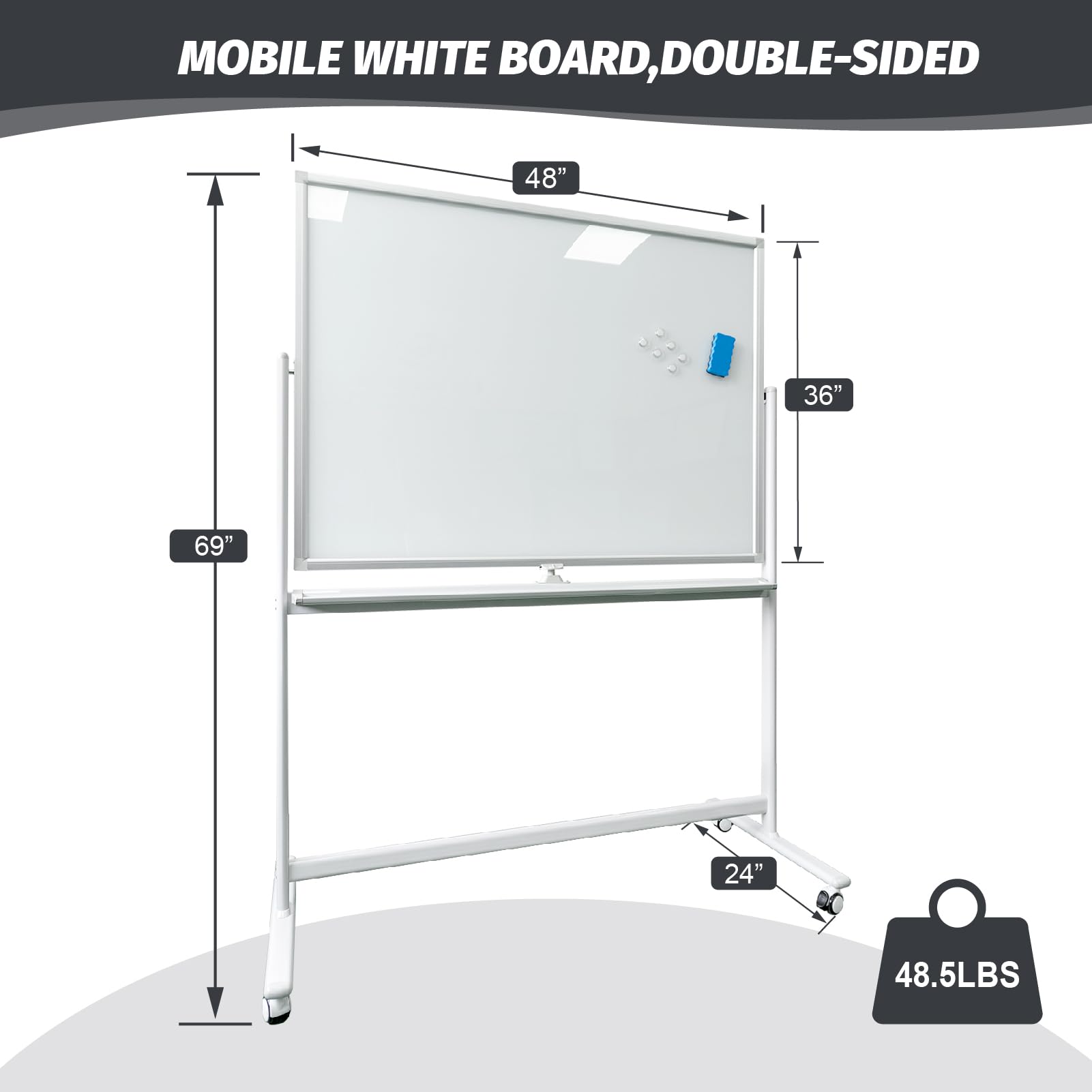Duża mobilna szklana biała tablica z kółkami – 122 cm x 91 cm, zwijana, suchościeralna, ze stojakiem, dwustronna tablica ze stojakiem, dwustronna tablica