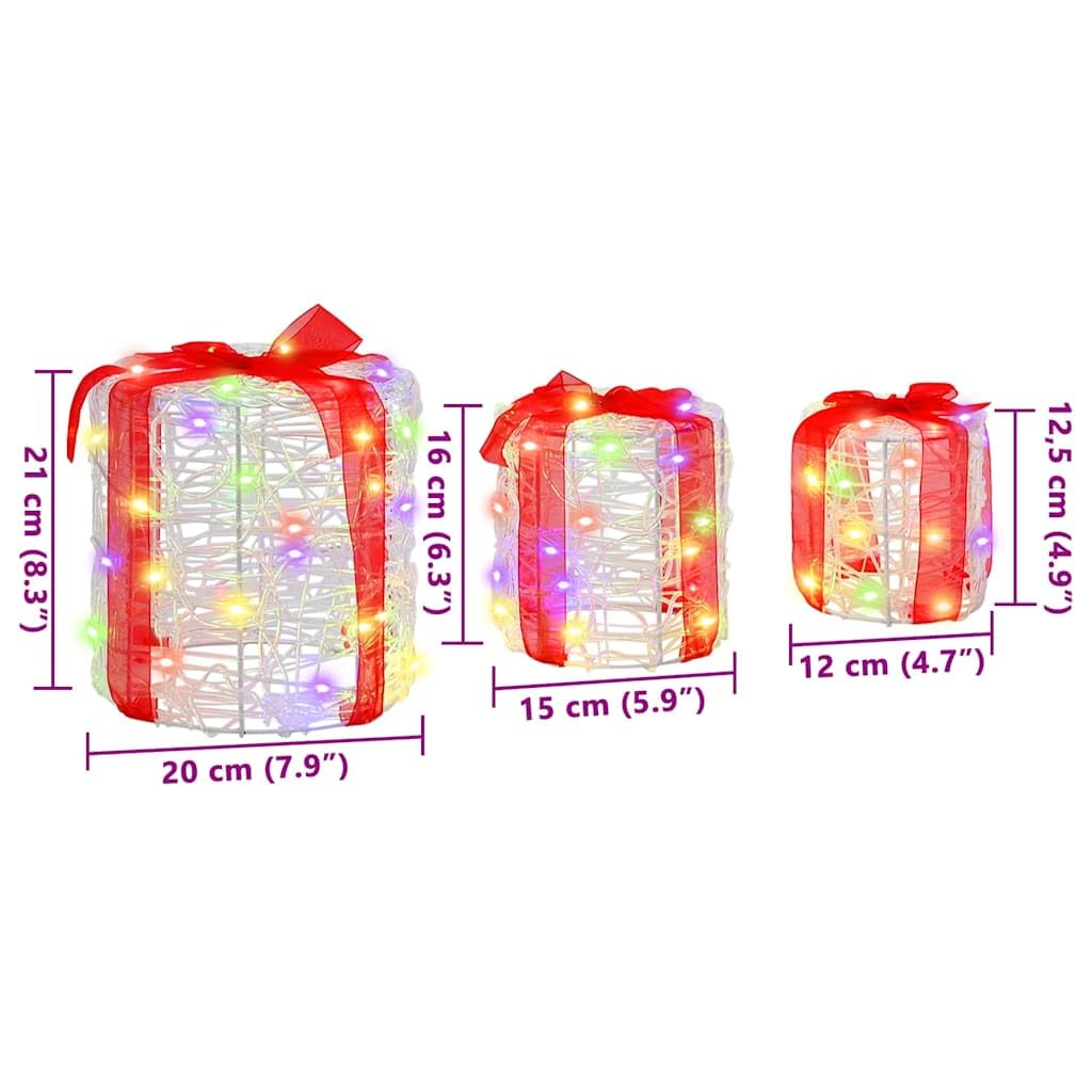 Pudełko na prezent, dekoracja, 3 sztuki, kolorowe akryle, 20 x 20 x 21 cm, z paskami LED, zasilane przez USB, do dekoracji choinki i świątecznej dekoracji salonu
