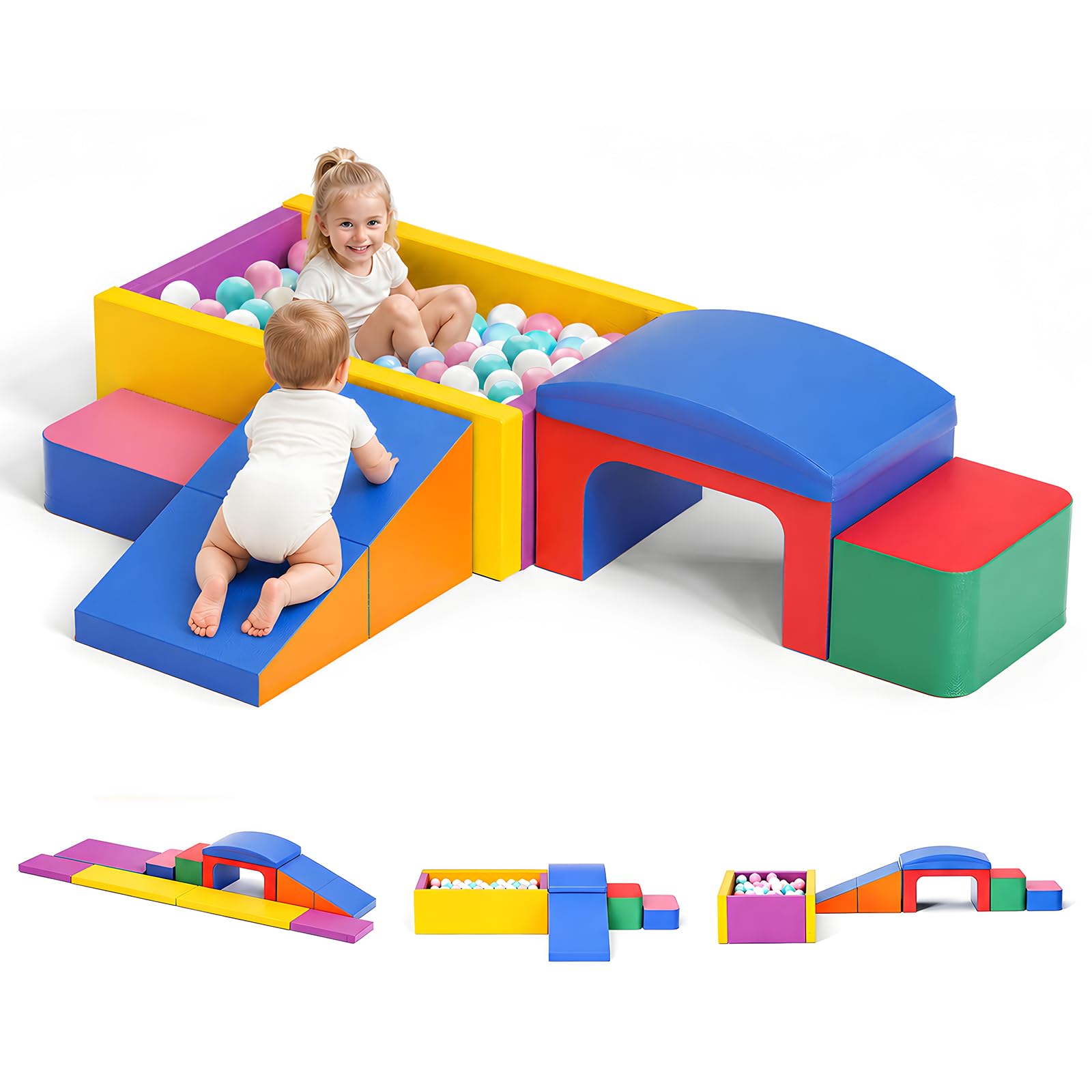 Krovtoy 5 PCS Baby Foam Building Blocks, Soft Toddler Climbing Gym with Slide, Colorful Indoor Soft Play Set, DIY Crawling Foam Blocks Toys, Developmental Play Equipment for Toddlers 1-3