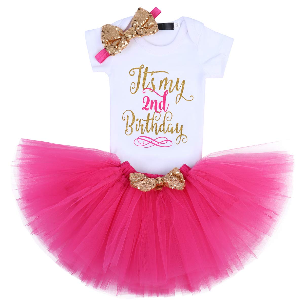OBEEII Second Birthday Outit for Baby Girl Princess Cake Smash Photography Shoot Romper + Tutu Skirt + Headband 3PCS Set Hot Pink Short Sleeve 2nd Birthday