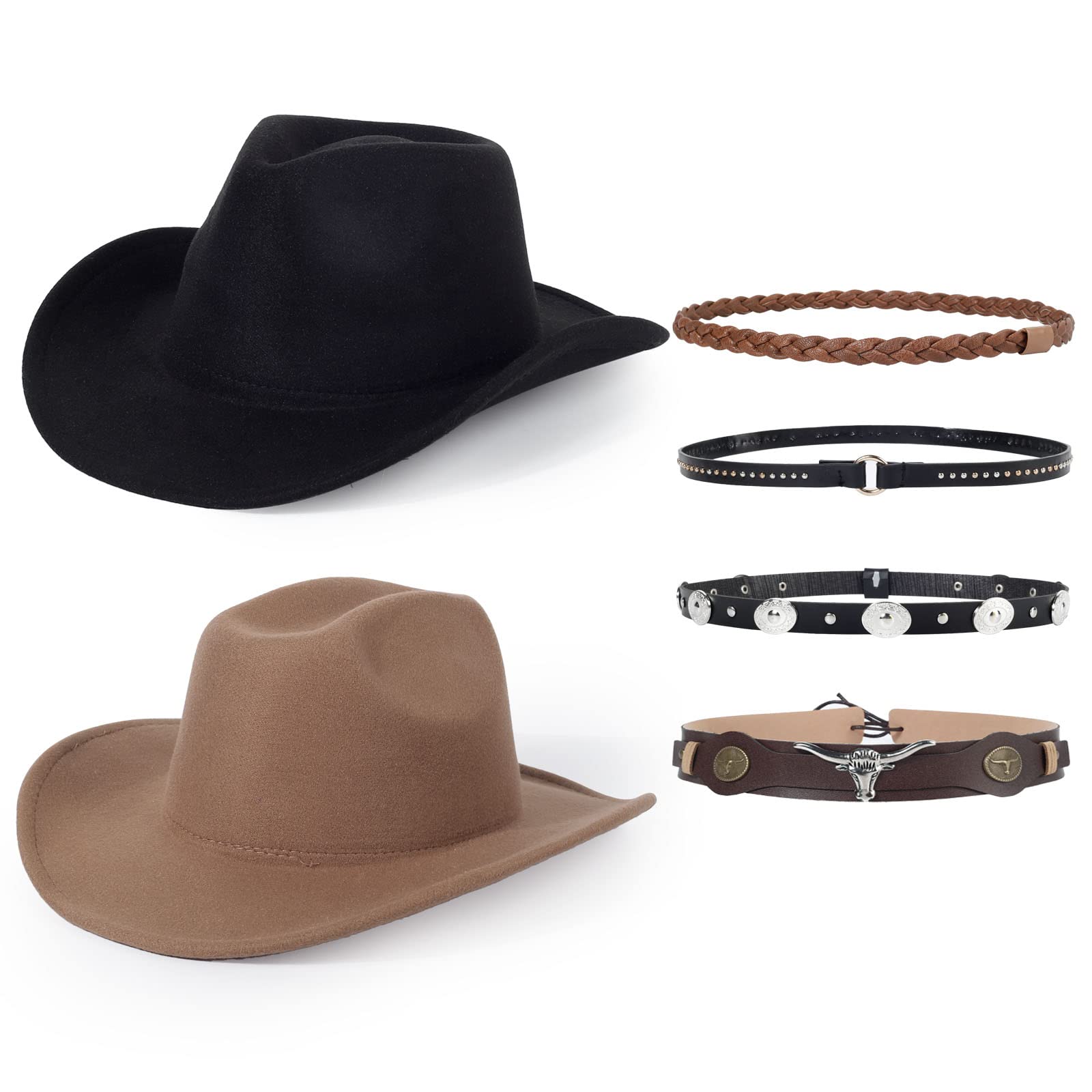 2 Pack Western Cowboy Hats for Women and Men Classic Felt Wide Brim Costume Cow Boy Hat Roll