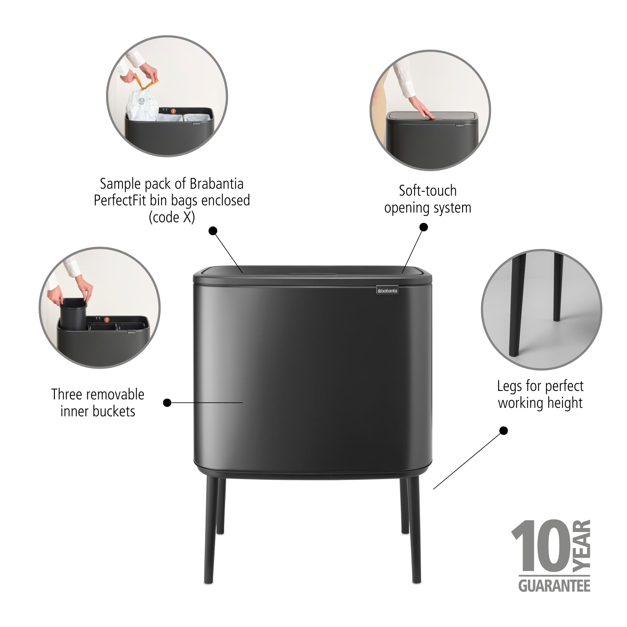 Brabantia Bo Touch Bin 3 x 11 l – 3-Fach-Behälter für Recycling | Soft-Touch-Kücheneimer mit Inneneimern | Frei stehende Abfallsortierlösung mit rutschfesten Füßen | Confident Grey