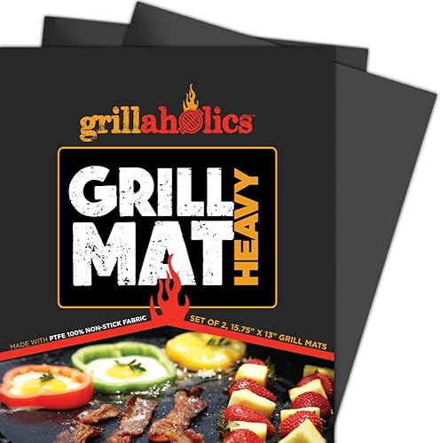Grillaholics Alfombrilla para barbacoa pesada – 600 grados de temperatura máxima para asar – Juego de 2 alfombrillas antiadherentes – Garantía del