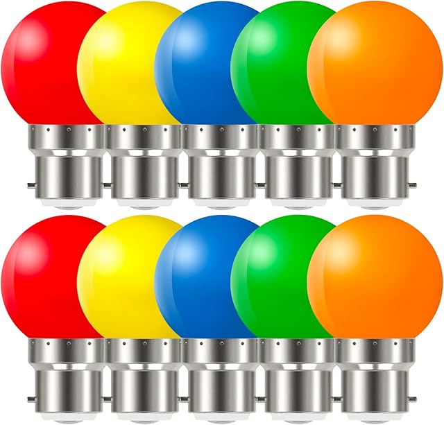 Belaufe LED Coloured Light Bulbs Bayonet Fitting 1W, B22 G45 Mini Globe Coloured Bulb Red Yellow Blue Green Orange for Outdoor Patio Party Lighting, Pack of 10