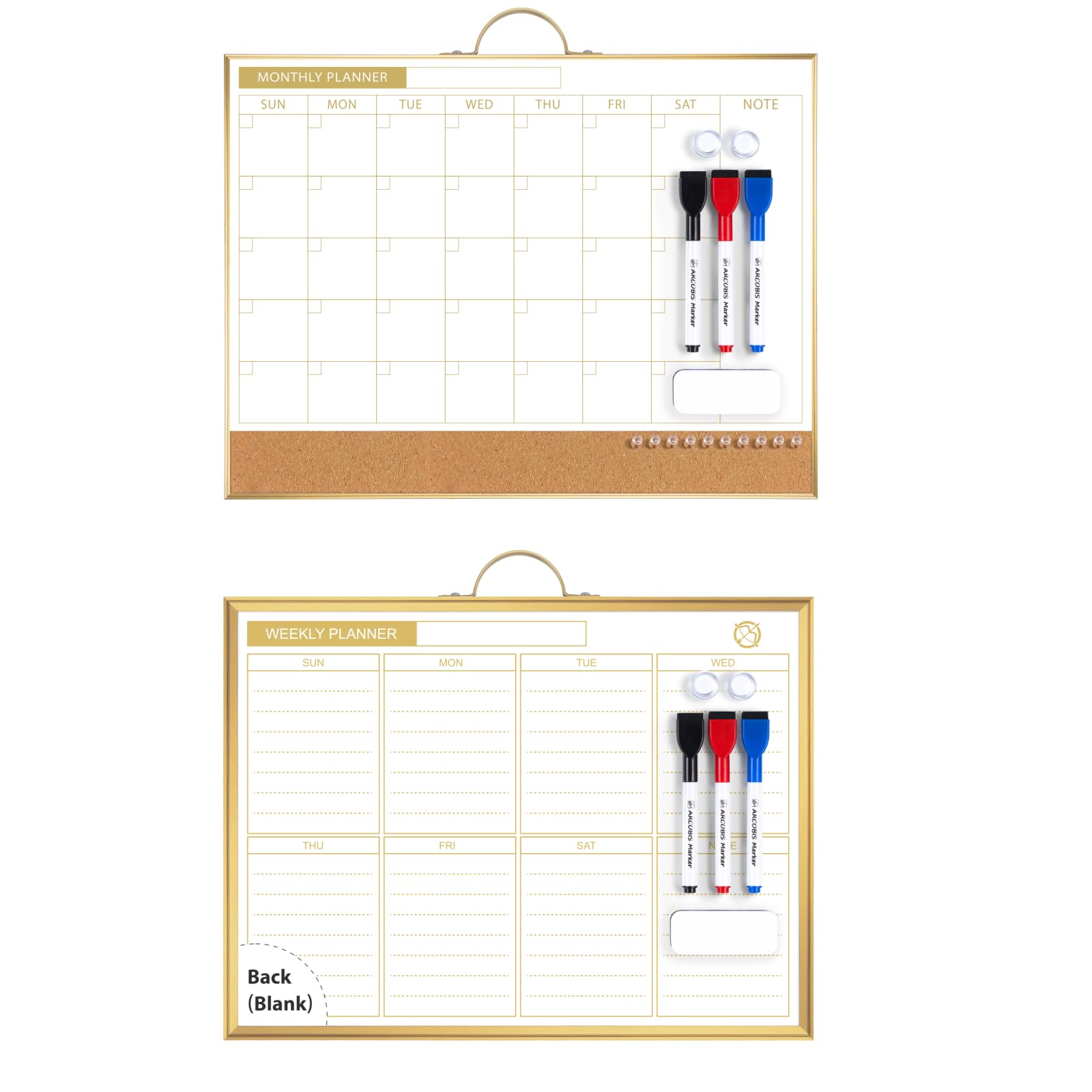 ARCOBISWeekly Dry Erase Board for Wall, 12" x 16" Small Magnetic White Board Calendar Dry Erase and Dry Erase Calendar with Cork Board for Wall