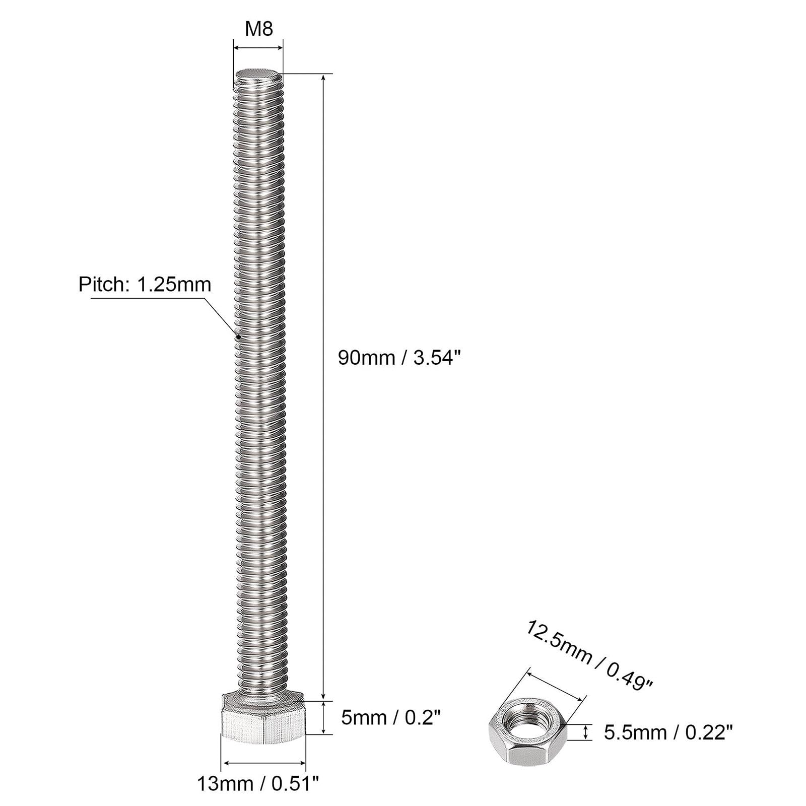 TOP-VIGOR 4Pcs M8 x 90mm Hex Head Screws Bolts, Nuts, Flat & Lock Washers Kits - Image 2