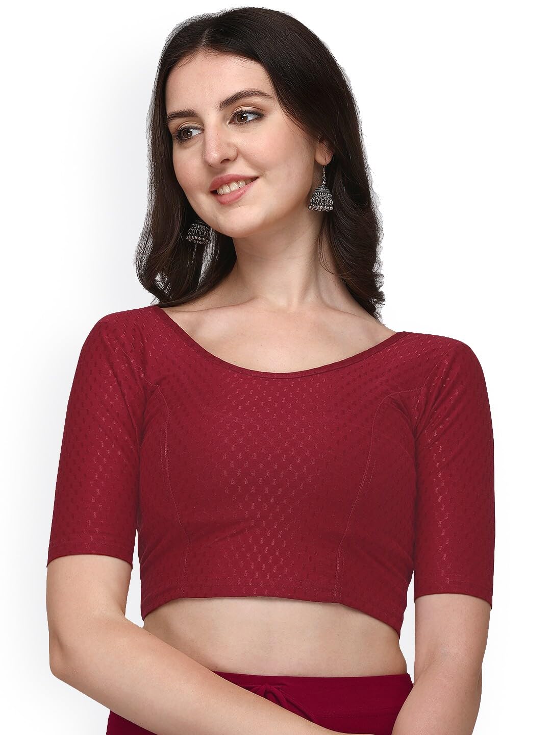 Plain Solid Round Neck Dobby Cotton Lycra Stretchable Elbow Half Sleeve Readymade Saree Blouse for Women Stylish-image-22