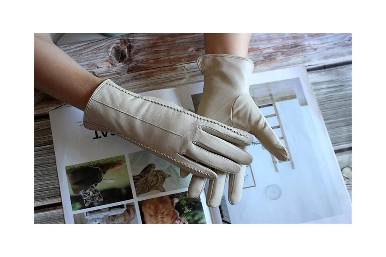 Guanti in pelle di colore caldo da donna, alla moda, a righe, fodera in velluto, per motociclismo e guida