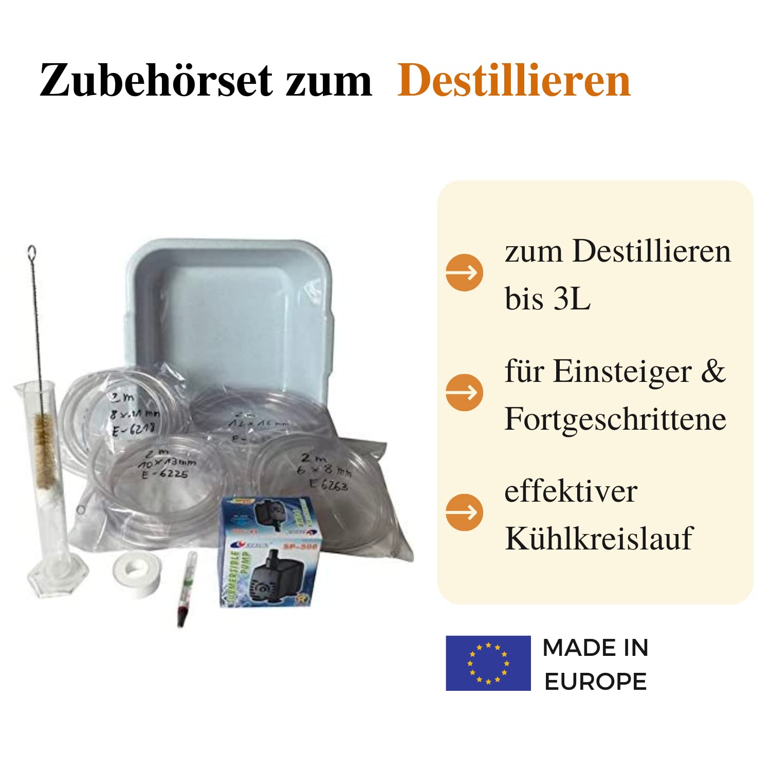 Destillatio Sorgenfrei Zubehörset zum Destillieren bis 3L I Kühlwasserset für Destillieranlagen und Hobbydestillen für ätherische Öle I Destillierset mit Pumpe für perfekte Ergebnisse