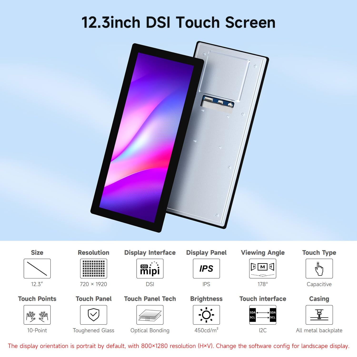 Waveshare 12.3inch DSI Capacitive Touch Screen, 720x1920 Pixels, IPS Panel, 10-Point Touch, Optical Bonding Toughened Glass Panel for Raspberry Pi 5/Omni3576