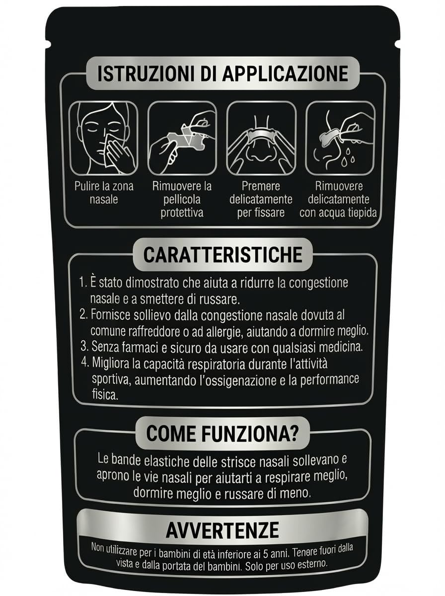 Cerotti Nasali Anti Russamento Uomo e Donna. 30 Cerotti Nasali Antirussamento Qualità Superiore. Cerotti Nasali Sport Respira Bene, Dimensioni Universali. Tenuta extra,Marca Italiana.(Nero)