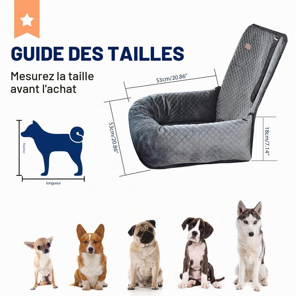 Chien utiliser le siège d'auto Siège d'auto pour Chien Petit et Moyen Matériau Doux et Court en Peluche offrant Un Environnement de Voyage Confortable pour Les Chiots Le Fond antidérapant(gris)