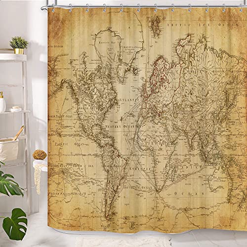 Old World Map Shower Curtain, Vintage World Map Geographical Distribution Shower Curtain Set With 12 Pcs Hooks, Brown Historical Atlas World Map Fabric Shower Curtain For Bathroom 72"X72" (Vintage) #TOP1