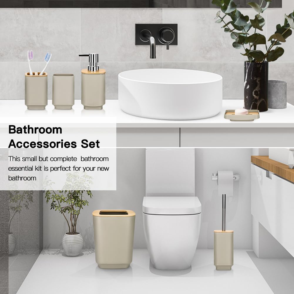 JOTOM Juego de 6 accesorios de baño de bambú, diseño moderno, 6 piezas, dispensador de jabón, soporte para cepillo de dientes, taza de dientes, jabonera, cepillo de inodoro, basura para baño,
