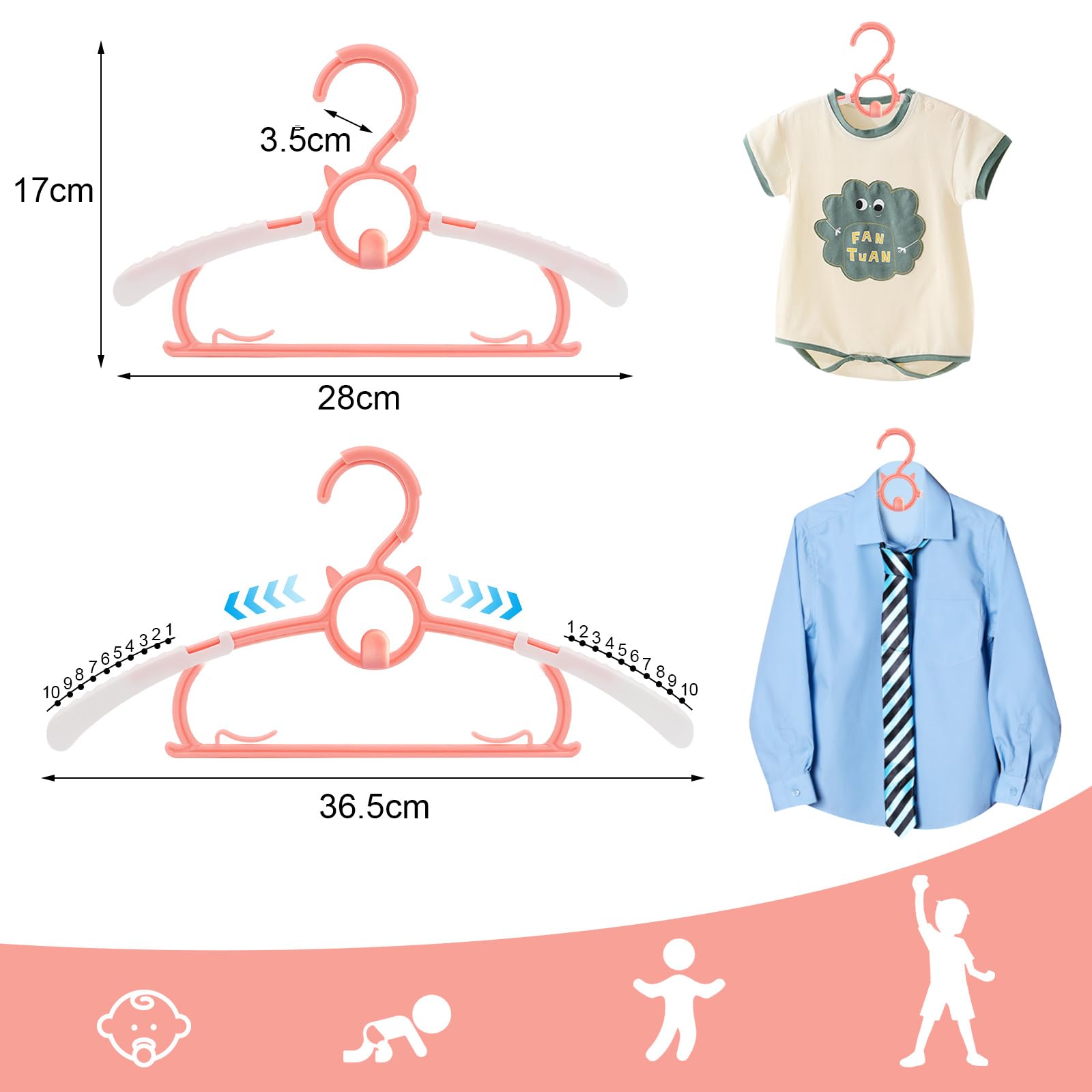 Set di 20 grucce appendiabiti per bambini, Grucce Appendiabiti Rosa con gancio a forma di orsetto, Appendini per Bambini Impilabili Allungabili, antiscivolo, Allungabili, per unisex bambino Neonati