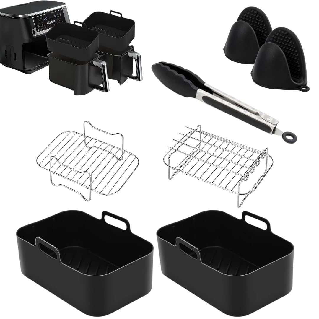 7 PCS Air Fryer Accessories, Silicone Liners for Ninja Dual AF400UK & Tower T17088 & AF300UK 21.5cm Reusable Air Fryer Baskets & Air Fryer Rack & Silicone Gloves & Silicone Tong — image 1
