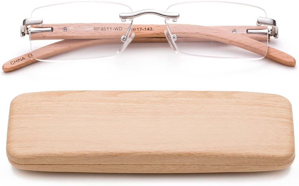 Wood Arm Reading Glassse Lightweight Real Wood Reading Glasses for Women & Men Stylish Rimless Design Rectangular Shape Spring Hinge for Comfortable Fit with Case