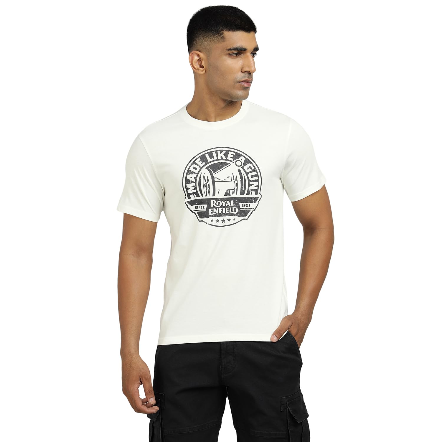Royal Enfield MLG Canon Tshirt | Regular fit Classic Made Like A Gun Logo in Distressed Print | Reflective Royal Enfield Branding on the Back Off White S-picture-15
