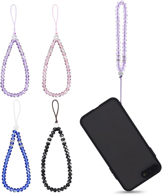 Molain Cell Phone Crystal Lanyard, 4 Pieces Crystal Cell Phone Straps Bling Crystal Beads Phone Charm Strap Phone Lanyard Chain for Girl Women