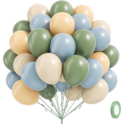 60pcs Sage Green Dusty Blue Balloons 12inch, Blue and Green Balloon with Nude Sand White Balloons for Wedding Anniversary Baby Shower Birthday Party Decorations