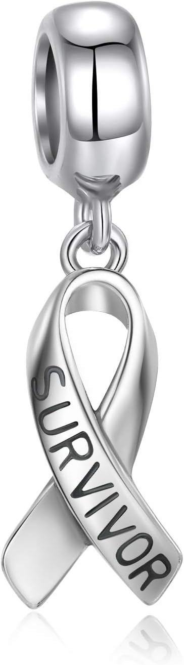 Breast Cancer Awareness Survivor Ribbon Charms Pendant 925 Sterling Silver Dangle Bead for Bracelet Compatible