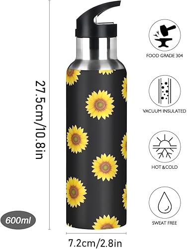 Miniatura 9 de Stainless Steel Vacuum Insulated Water Bottle 32 Oz, BPA-Free Sports Water Bottle for Gym Outdoor Travel School, Yellow Sunflowers Black