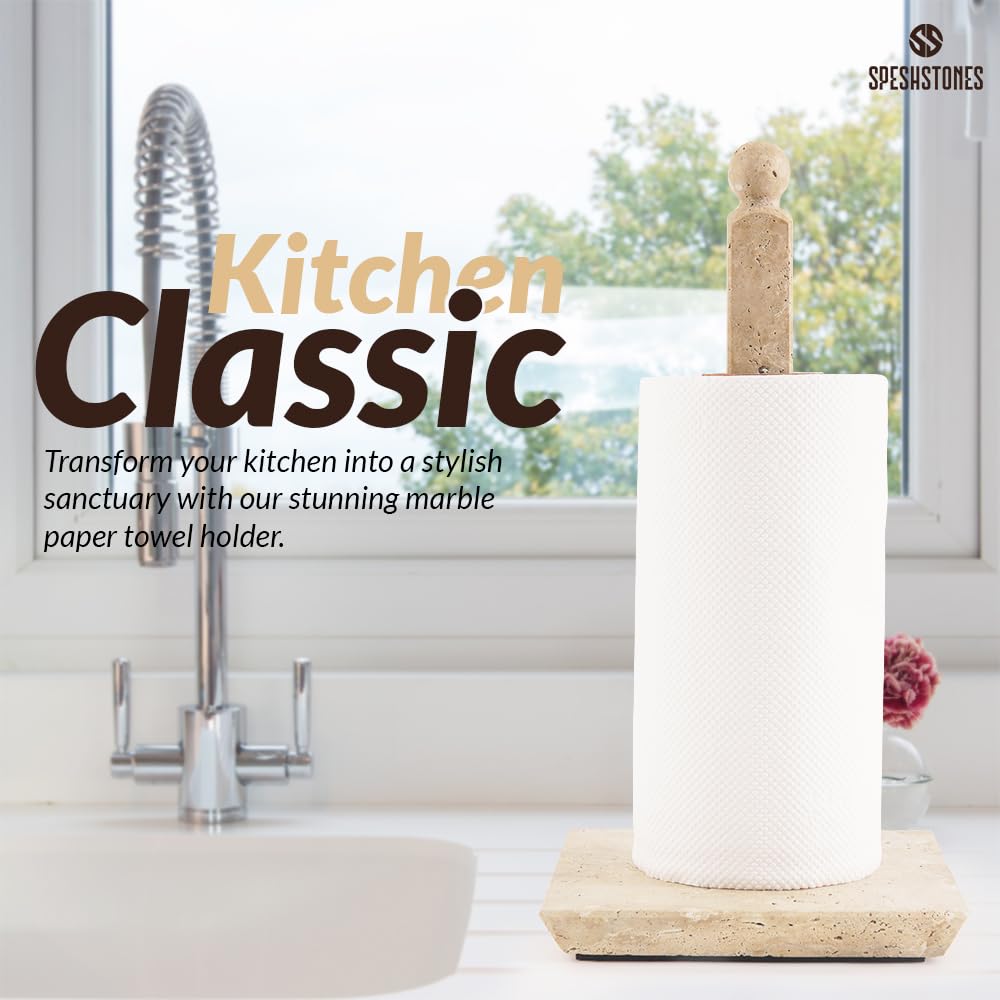 SPESHSTONES Travertine Marble Paper Towel Holder 12.5" Inches for Kitchen Towels Rack Handmade Paper Roll Holder with Stand (Sqaure Shape) - Image 4