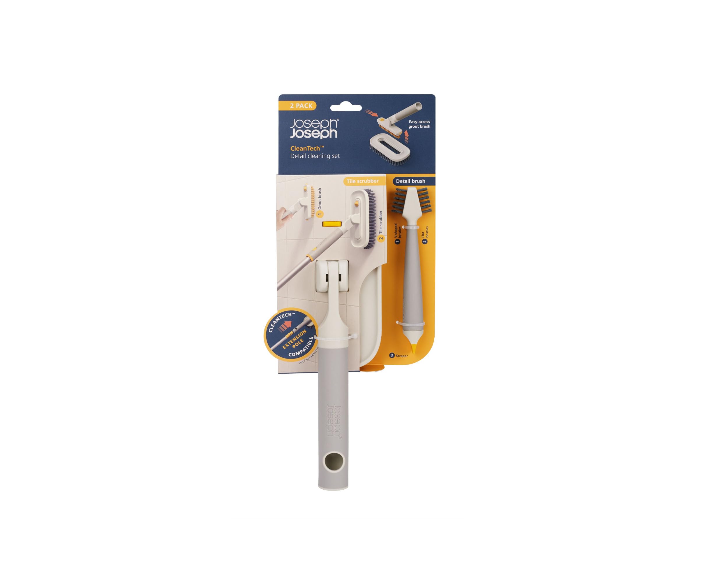 Joseph Joseph CleanTech Set de 2 Cepillos para Limpieza en Detalle, Azulejos y Lechada, Cerdas en V, Mango Antideslizante
