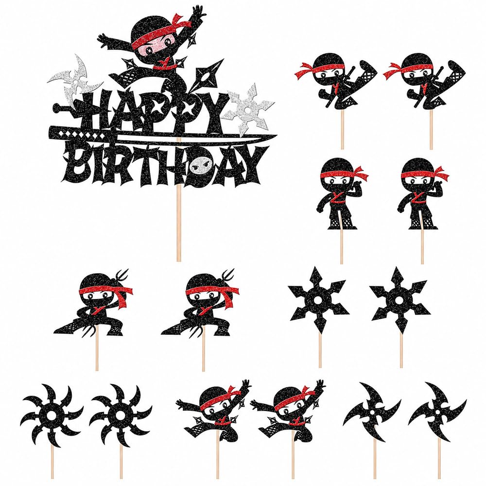 15Pcs Glitter Ninja Happy Birthday Cake Topper Set for Birthday Decorations