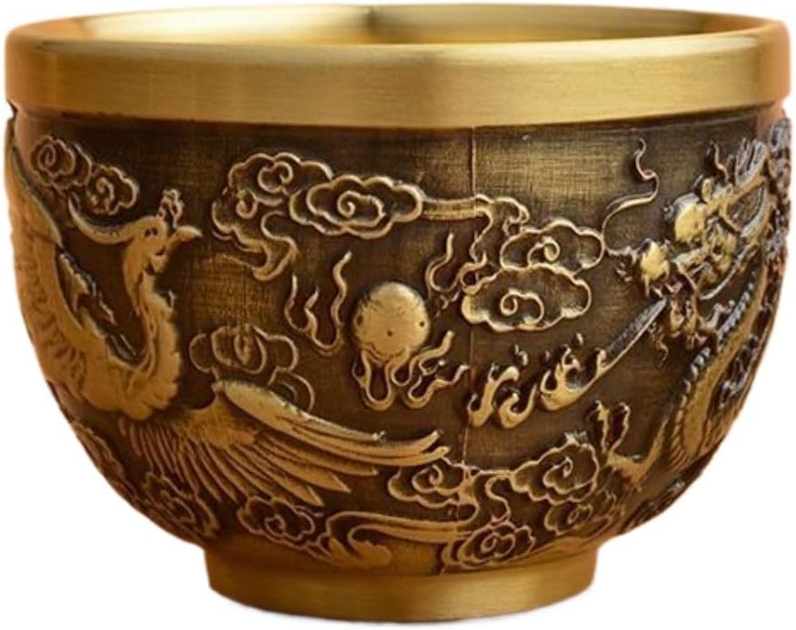 小百福杯小盏小米缸办小摆件 Feng Shui Gourd Keychain with Five Emperors Money Bring Good Luck and Wealth,home Office Other Scenes and Gifting 黄铜-龙凤杯