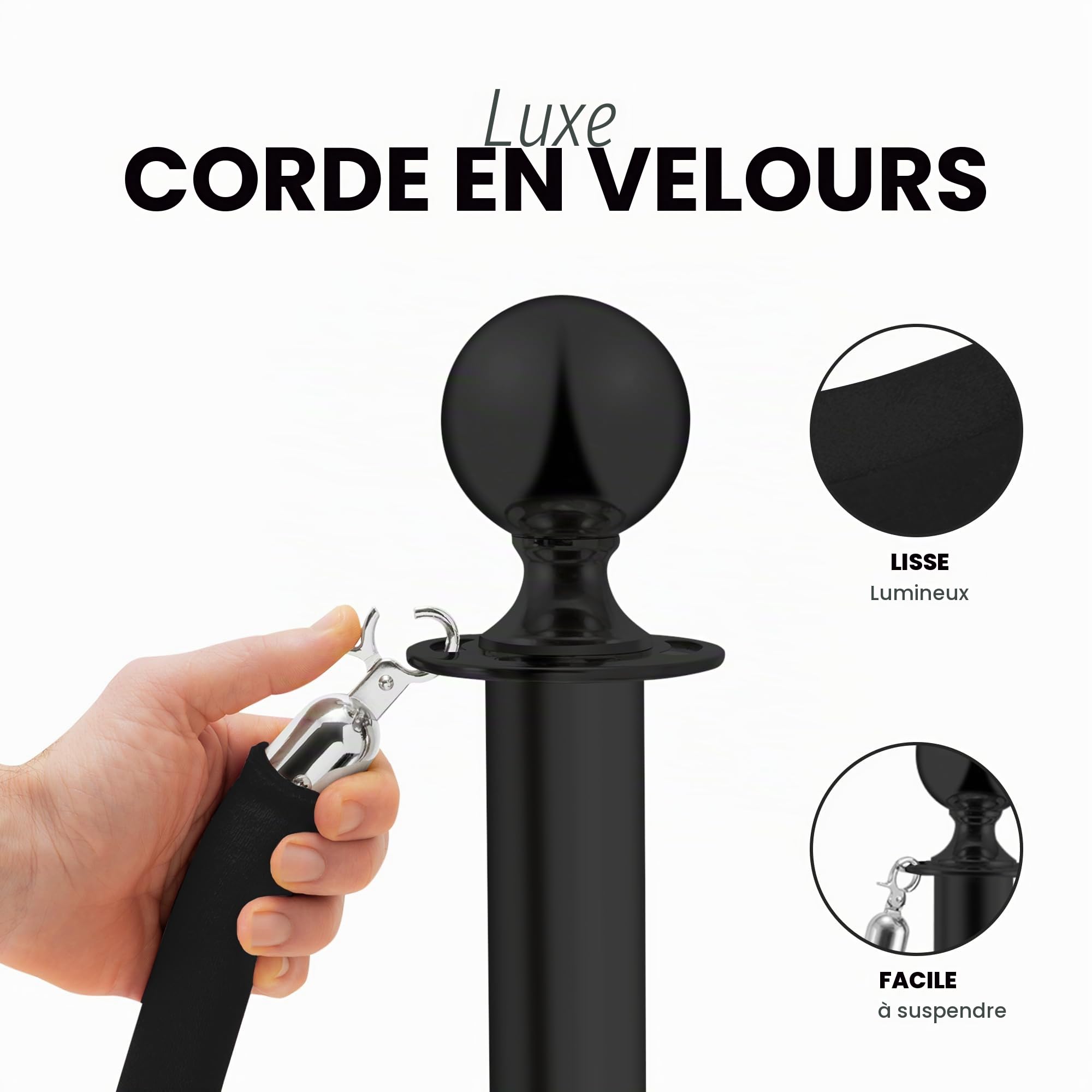 Poteaux de séparation en acier inoxydable noir, 2 pièces, hauteur 90 cm, argenté avec corde en velours noir de 1,5 m, connexion 4 voies, base de 31 cm de diamètre, contrôle de foules