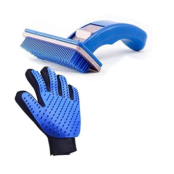 Shirlip Dog Grooming & Deshedding Combo Pack for Dogs, Puppies & Cats with Plastic Slicker Brush and Hair Massager Grooming Glove (Large Blue)