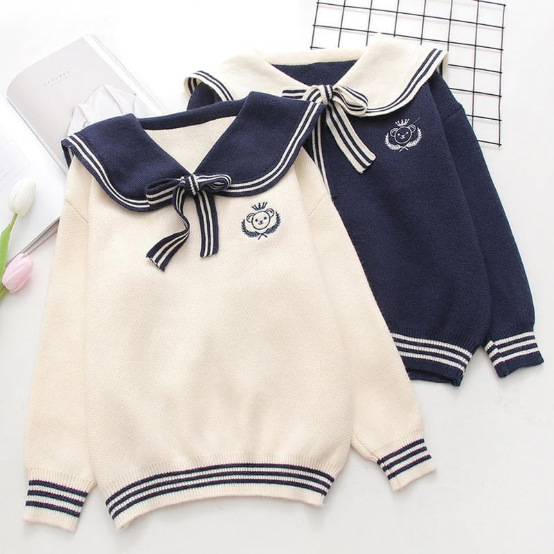 BAIMORE Teen Girls Kawaii Japanese Sailor Collar Cartoon Bear Embroidery Long Sleeve Knit Sweater3