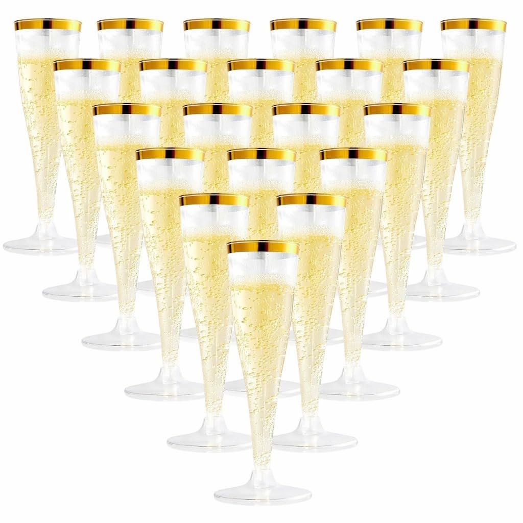 TSLBW 20 Pcs Clear Champagne Flutes 5 OZ Plastic Glitter Champagne Flutes Reusable Stemmed Party Wine Cups Crystal Wine Cocktail Cups for Garden Wedding Birthday Anniversary Party (G)
