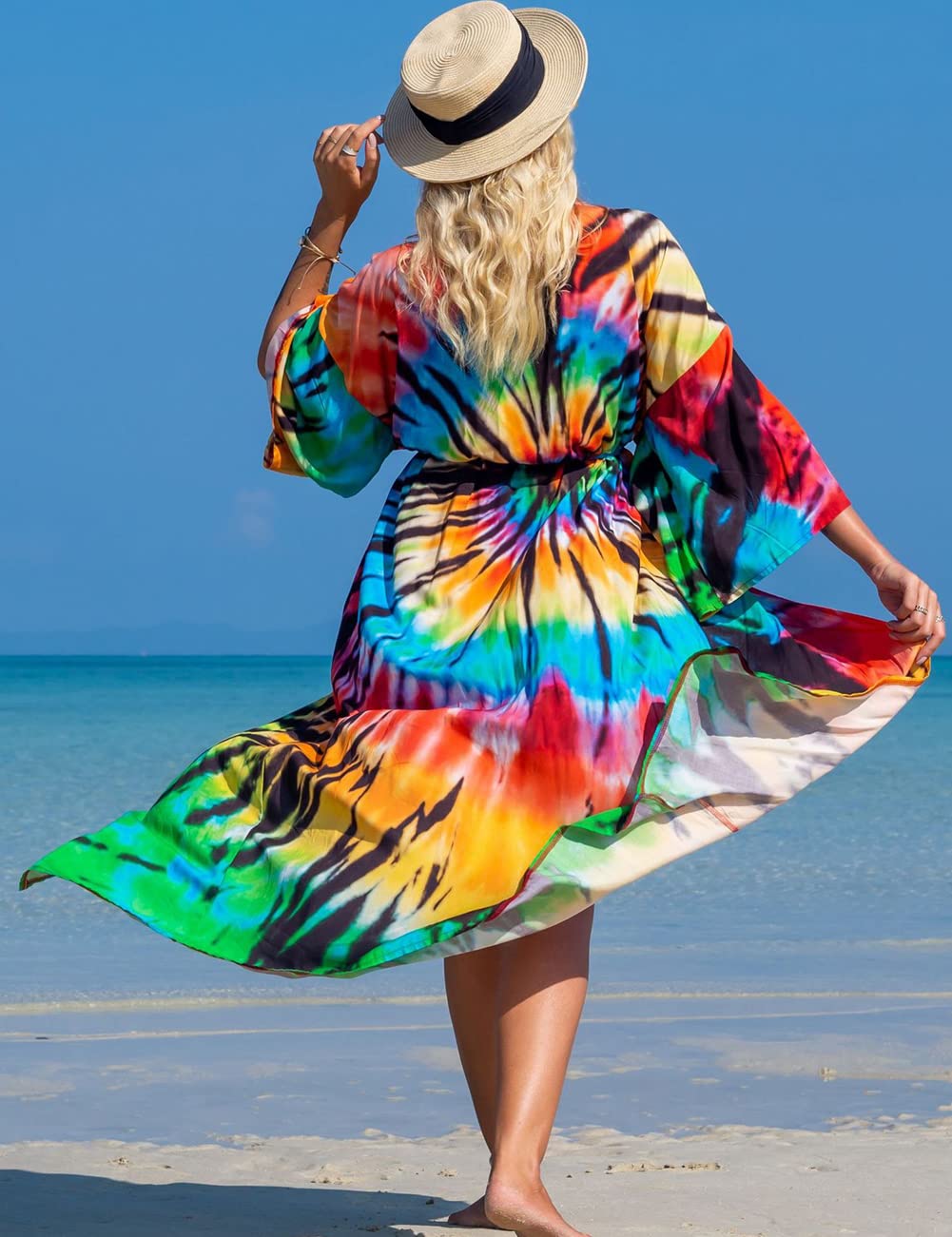Damskie kimono, kardigan, letnia sukienka plażowa, długie ponczo plażowe, maxi pareo, nadruk kwiatowy, Kolor 24, jeden rozmiar