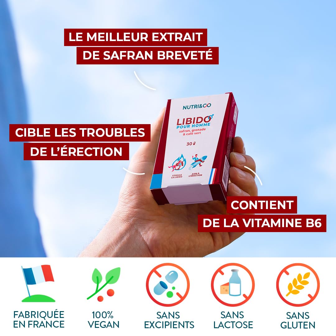 NUTRI & CO Libido Homme - Boosteur de Testostérone - Safran Grenade & Café Vert - Energie, Endurance, Performance Masculine - 30 gélules Vegan - Fabriqué en France