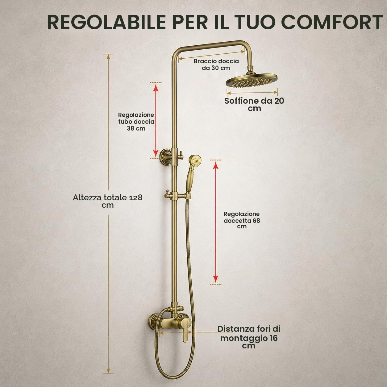 Doccia a Incasso Sistema Parete con Soffione Pioggia Quadrato 20cm, Doccetta a Mano, Rubinetto Vasca e Asta Doccia Regolabile in Finitura Bronzo